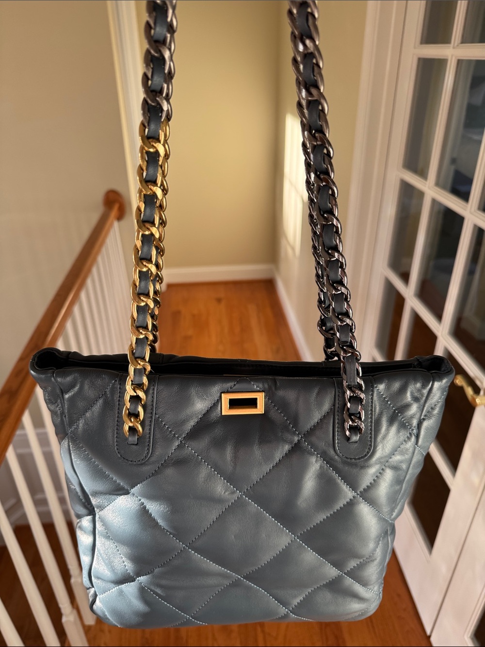 Tiffany & Fred Paris - Quilted Leather Bag in Slate Blue with Mixed Metal Straps